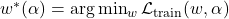 w^*(\alpha) = \arg\min_w \mathcal{L}_{\text{train}}(w, \alpha)