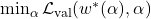 \min_{\alpha} \mathcal{L}_{\text{val}}(w^*(\alpha), \alpha)