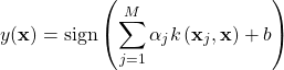 \begin{equation*}     y(\mathbf{x})=\operatorname{sign}\left(\sum_{j=1}^{M} \alpha_{j} k\left(\mathbf{x}_{j}, \mathbf{x}\right)+b\right) \end{equation*}